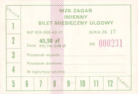 Bilet Żagań miesięczny 45,50