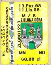 Bilet Zielona Góra 68 10/11 2008