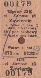 Bilet PKP Zamość - Zawiercie