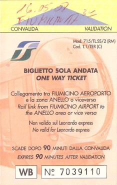 Bilet jednorazowy Trenitalia z 2007 roku – połączenie Fiumicino Airport